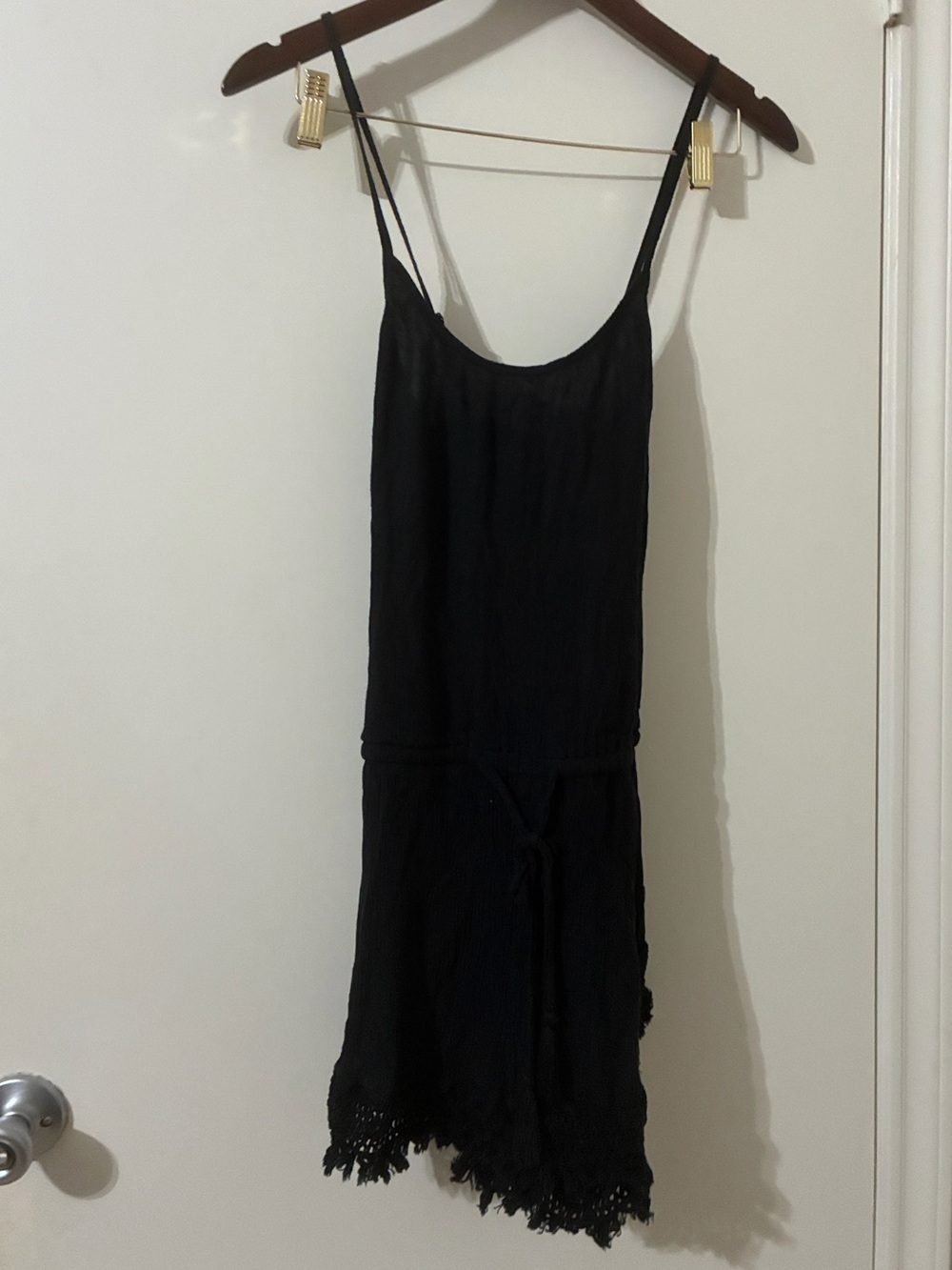 Aerie Black Romper with Crochet Hem & Tassel Waist – Size Small - Picture 2 of 8